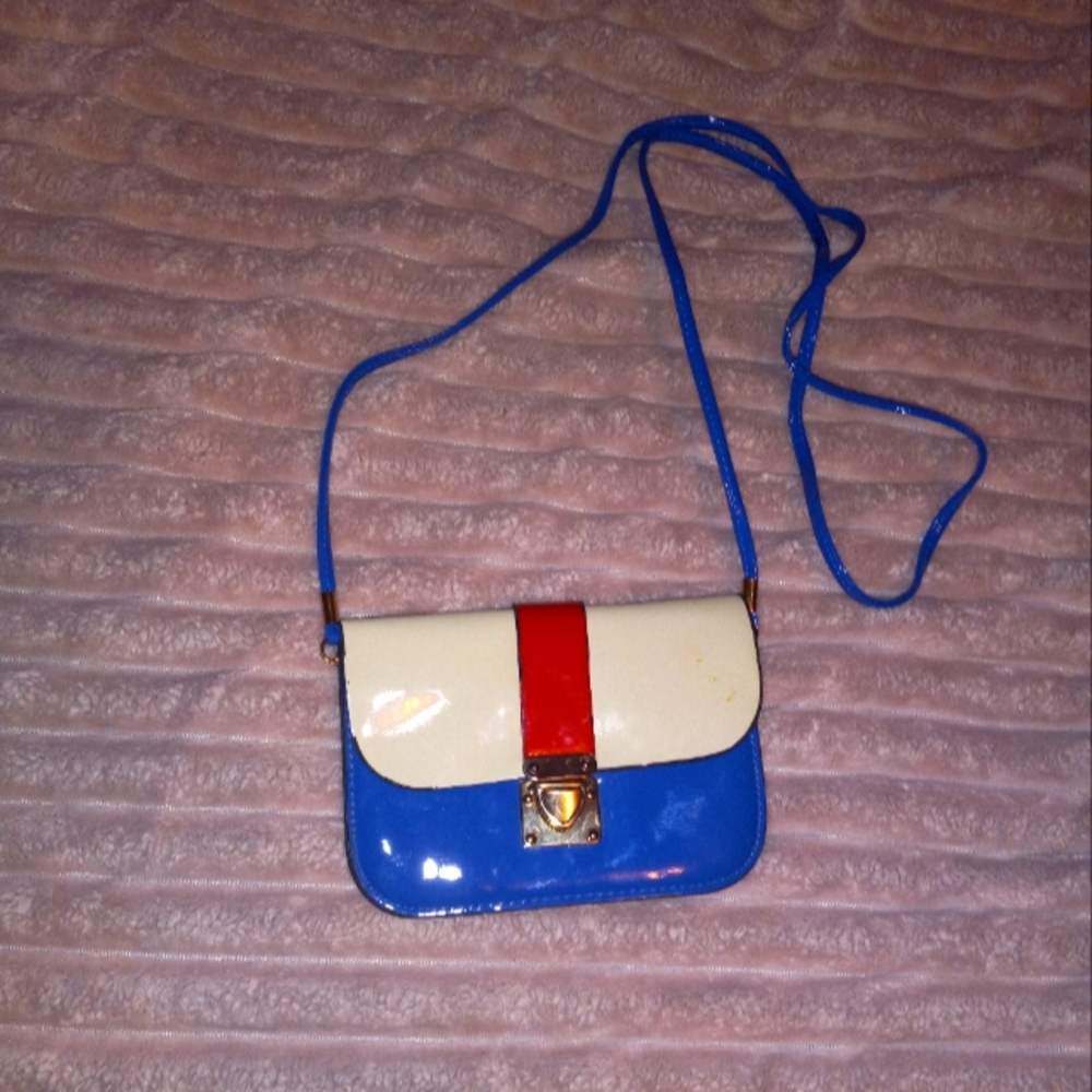 💄Vintage Retro 80s Red White and Blue Patent Crossbody Bag Rockabilly - Picture 2 of 4